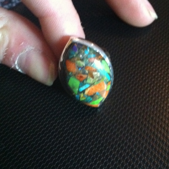 Coral Turquoise Mix Ring set in .925 Sterling - Picture 2 of 3